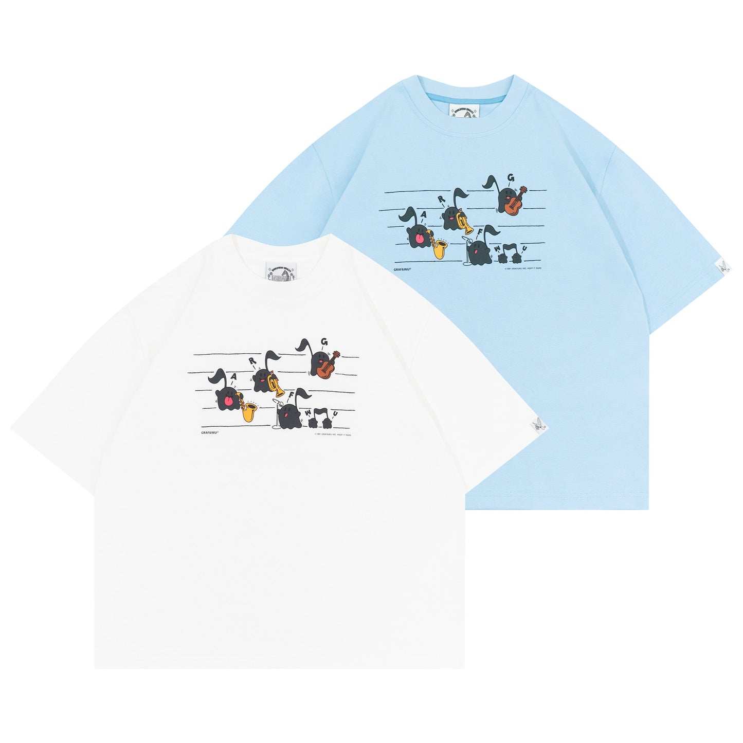 GRAF&WU Musical Note Cute Ghost Jazz Band Printed Cotton T-shirt