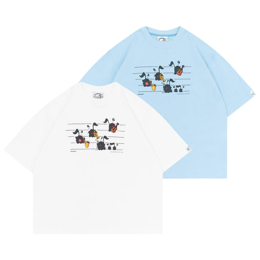 GRAF&WU Musical Note Cute Ghost Jazz Band Printed Cotton T-shirt