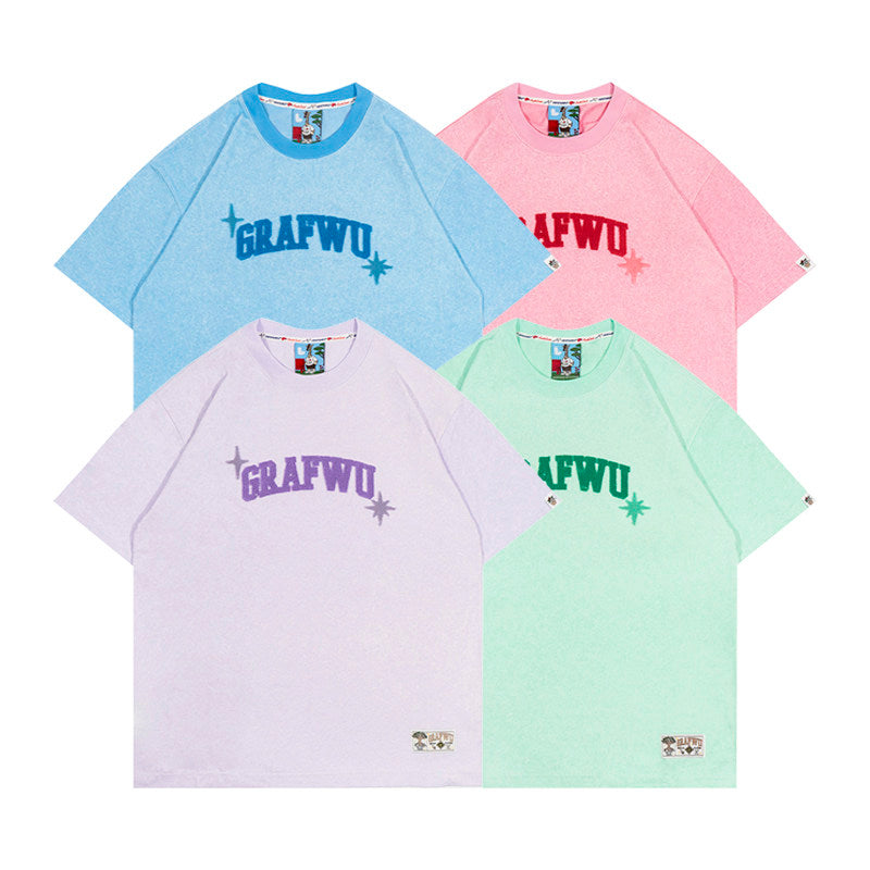GRAF&WU Washed Style 3D Fleece Embroidery Summer Loose T-Shirt