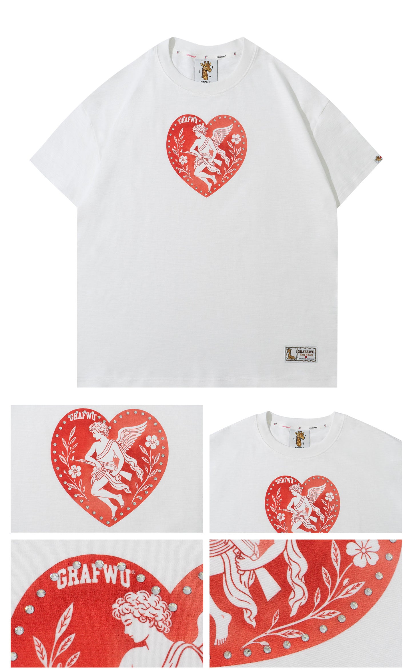 GRAF&WU AK47 Greek Angel Rhinestone Shiny Heart T-Shirt