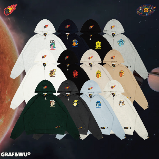 GRAF&WU Solar System Planet Cute Ghost Embroidered Zip-up Hoodie