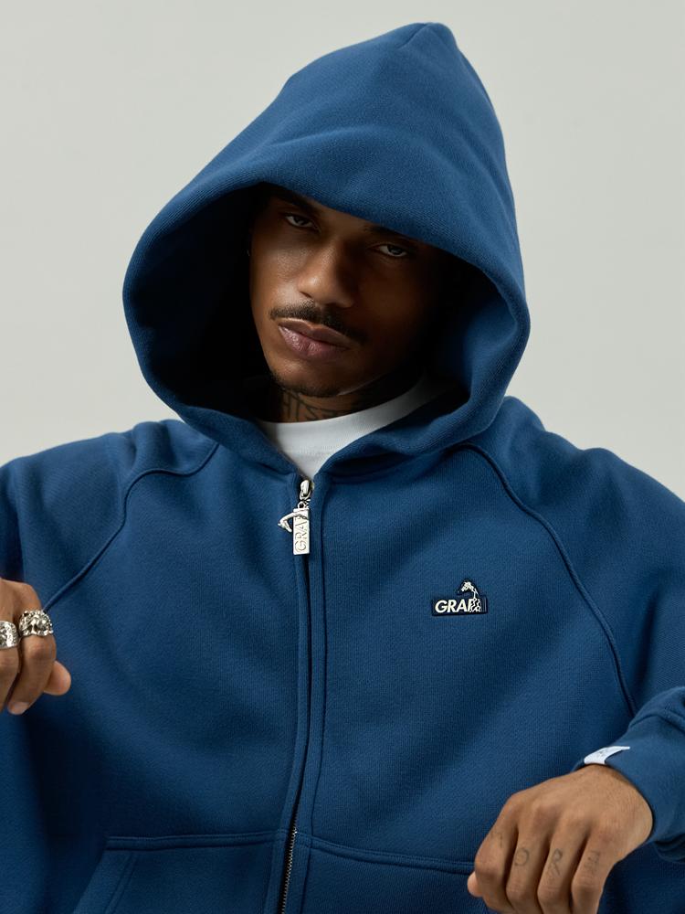 GRAF&WU Zip-up Hoodie Metal Deer Emblem Thick Fleece Cardigan