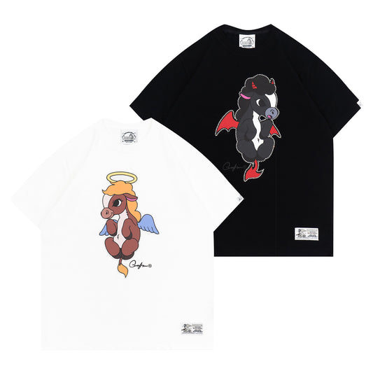GRAF&WU Angel Devil Pony Twin Rhinestone Couple Street Loose T-shirt