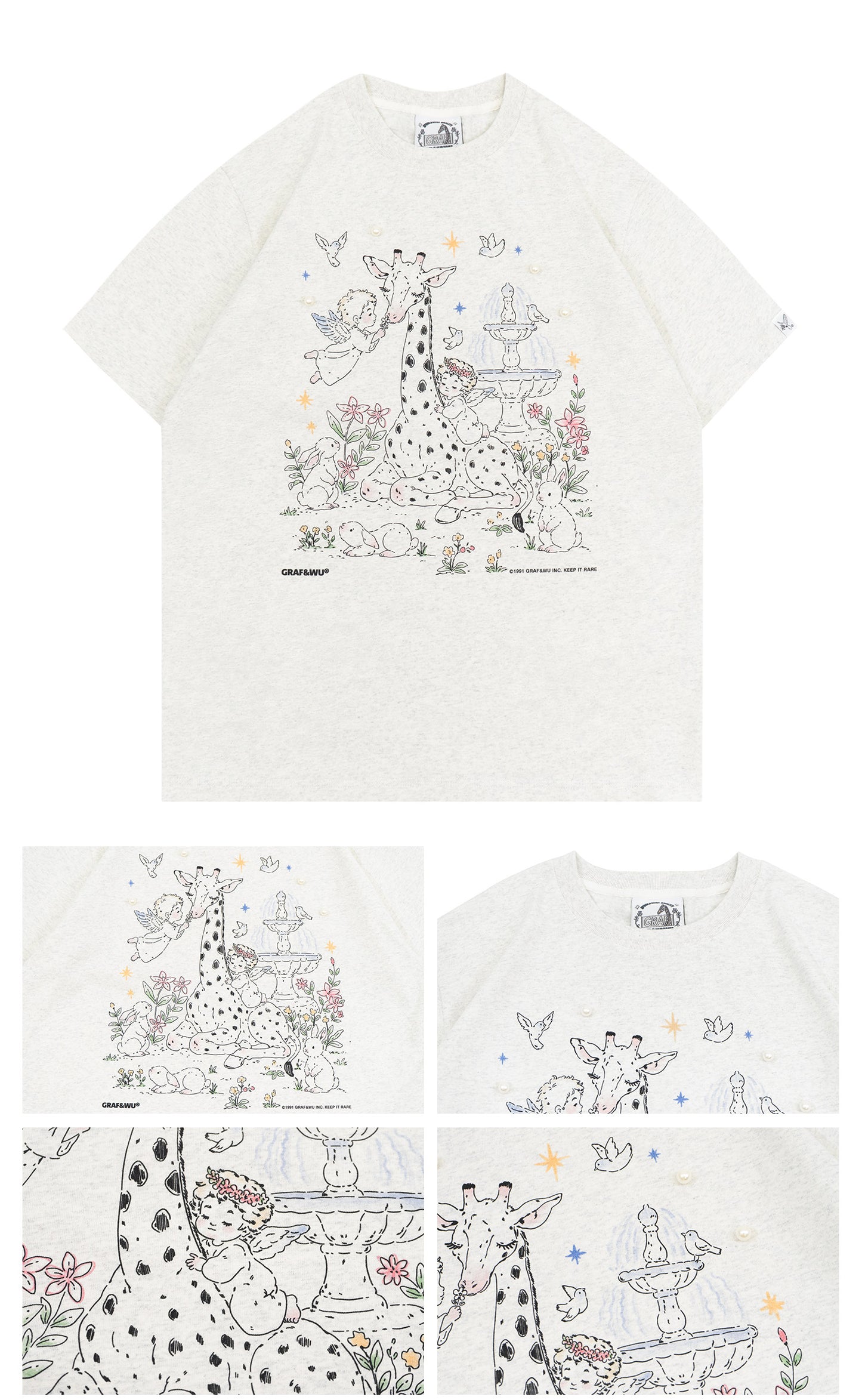 GRAF&WU Pearl Giraffe Garden Angel Floral Hand-painted T-shirt