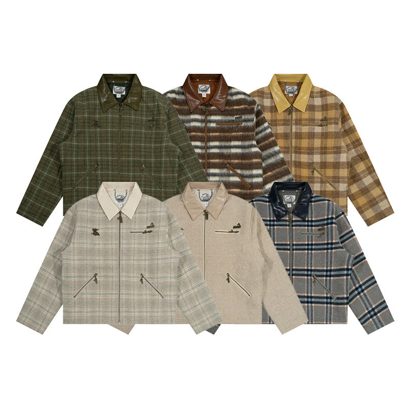 GRAF&WU Leather Collar Luxury Wool Retro Plaid Detroit Jacket