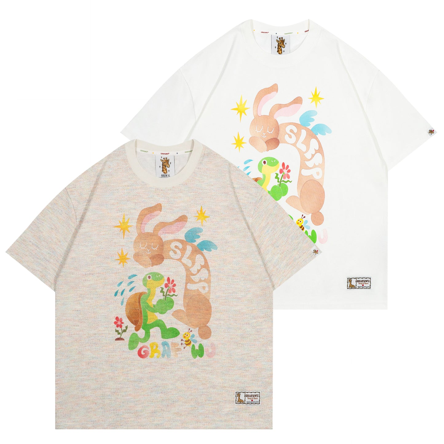 GRAF&WU【Giraffe Fable】Tortoise And Hare Race Star Print Street Ice Silk T-Shirt