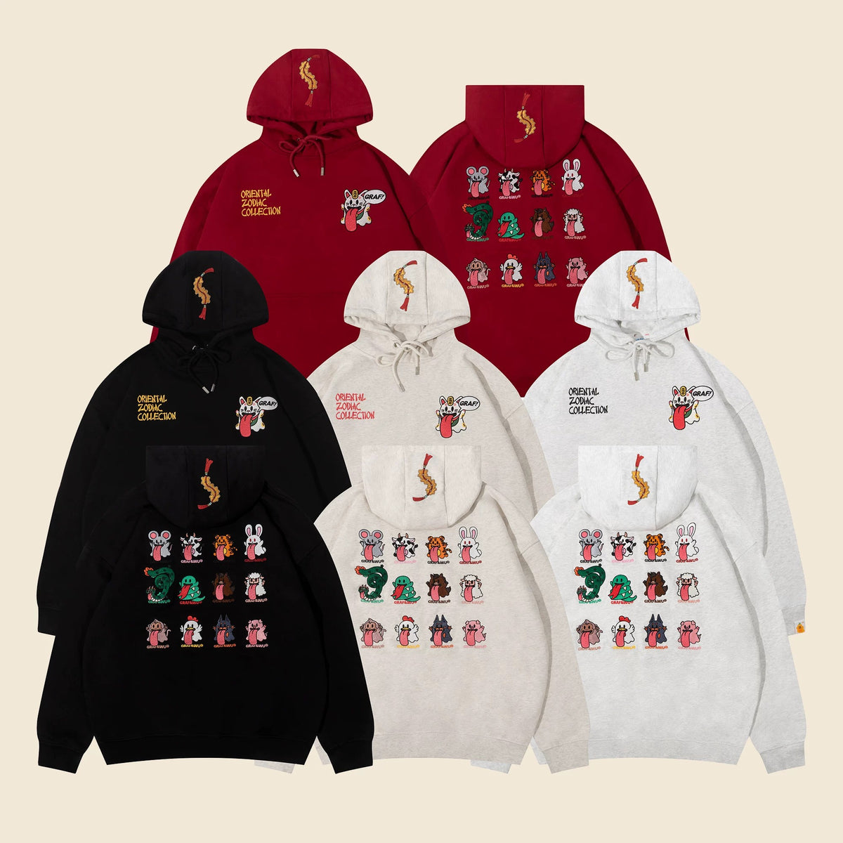 GRAF&WU Chinese Zodiac Cute Ghost Themed Embroidered Oversized Fleece Hoodie