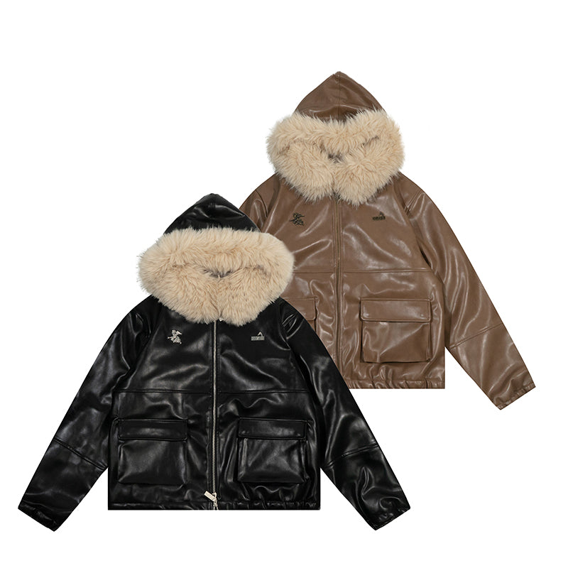 GRAF&WU Detachable Fur Collar PU Leather Metal Angel Deer Thick Jacket - Premium Winter Streetwear