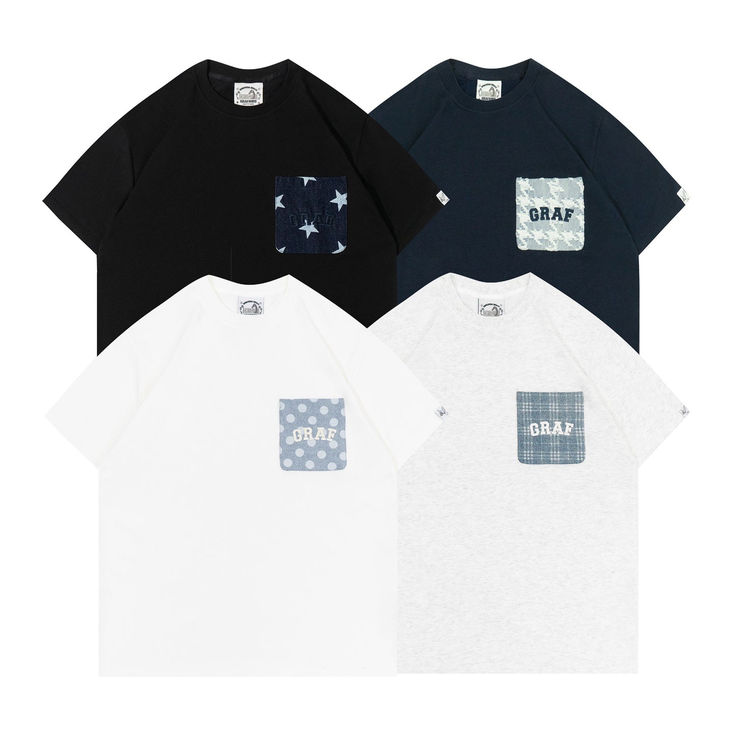 GRAF&WU Washed Houndstooth Star Pattern Denim Pocket Cotton T-shirt