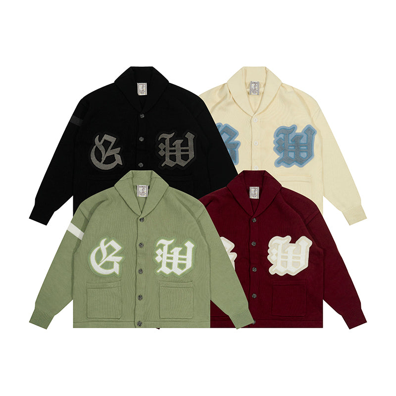 GRAF&WU Embroidered Badge Vintage Shawl Collar Knitted Sweater