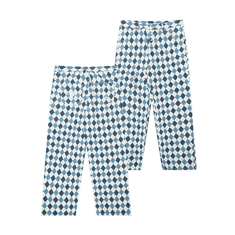 GRAF&WU North Carolina Blue Giraffe Diamond Pattern Denim Washed Cargo Pants
