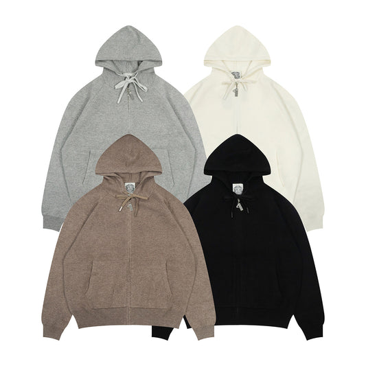 GRAF&WU Old Money Aesthetic Style Wool Knitted Sweater Zip-up Hoodie