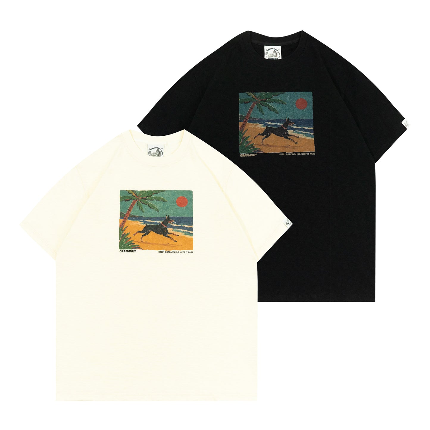 GRAF&WU Doberman Beach Running Oil Painting Pattern T-shirt