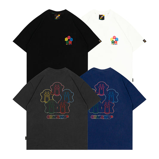 GRAF&WU T-Shirts Five-Ring Olympic Cute Ghost Short Sleeves Colorful Rhinestone Short Sleeve Pocket Detail Design Summer T-Shirt