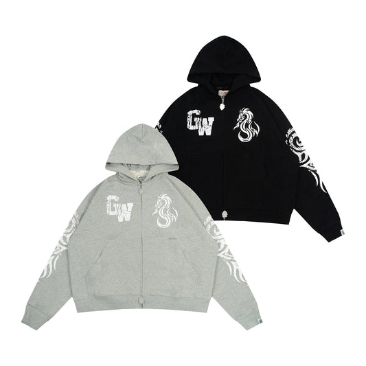 GRAF&WU Dragon Horse Print Retro Letter Graphic Hoodie