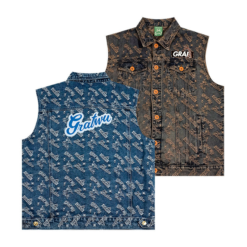 GRAF&WU Retro Jacquard Embroidered Sleeveless Denim Vest