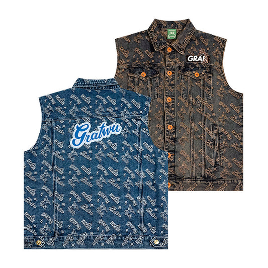 GRAF&WU Retro Jacquard Embroidered Sleeveless Denim Vest