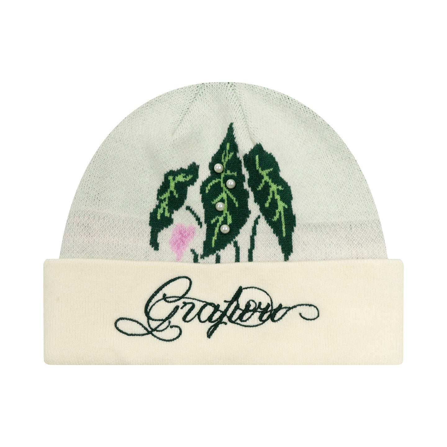 GRAF&WU Tropical Green Plant Sewn Pearl Letter Embroidery Wool Beanie | Winter Knit Hat