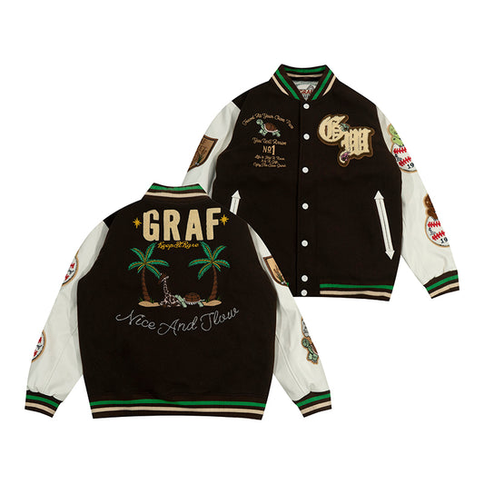 GRAF&WU Turtle Deer Race Leather Sleeved Retro Baseball Jacket - Premium Streetwear