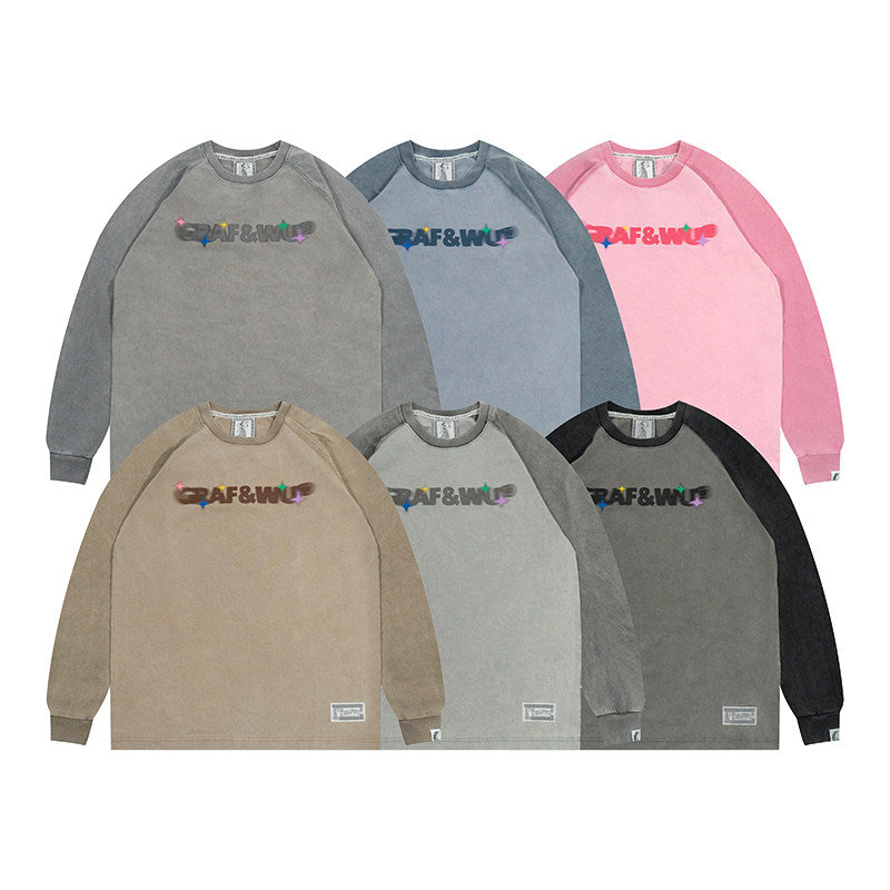 GRAF&WU Washed Distressed Phantom Letter Print Couple Raglan Long Sleeves