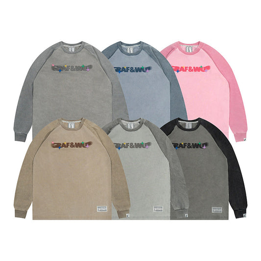 GRAF&WU Washed Distressed Phantom Letter Print Couple Raglan Long Sleeves