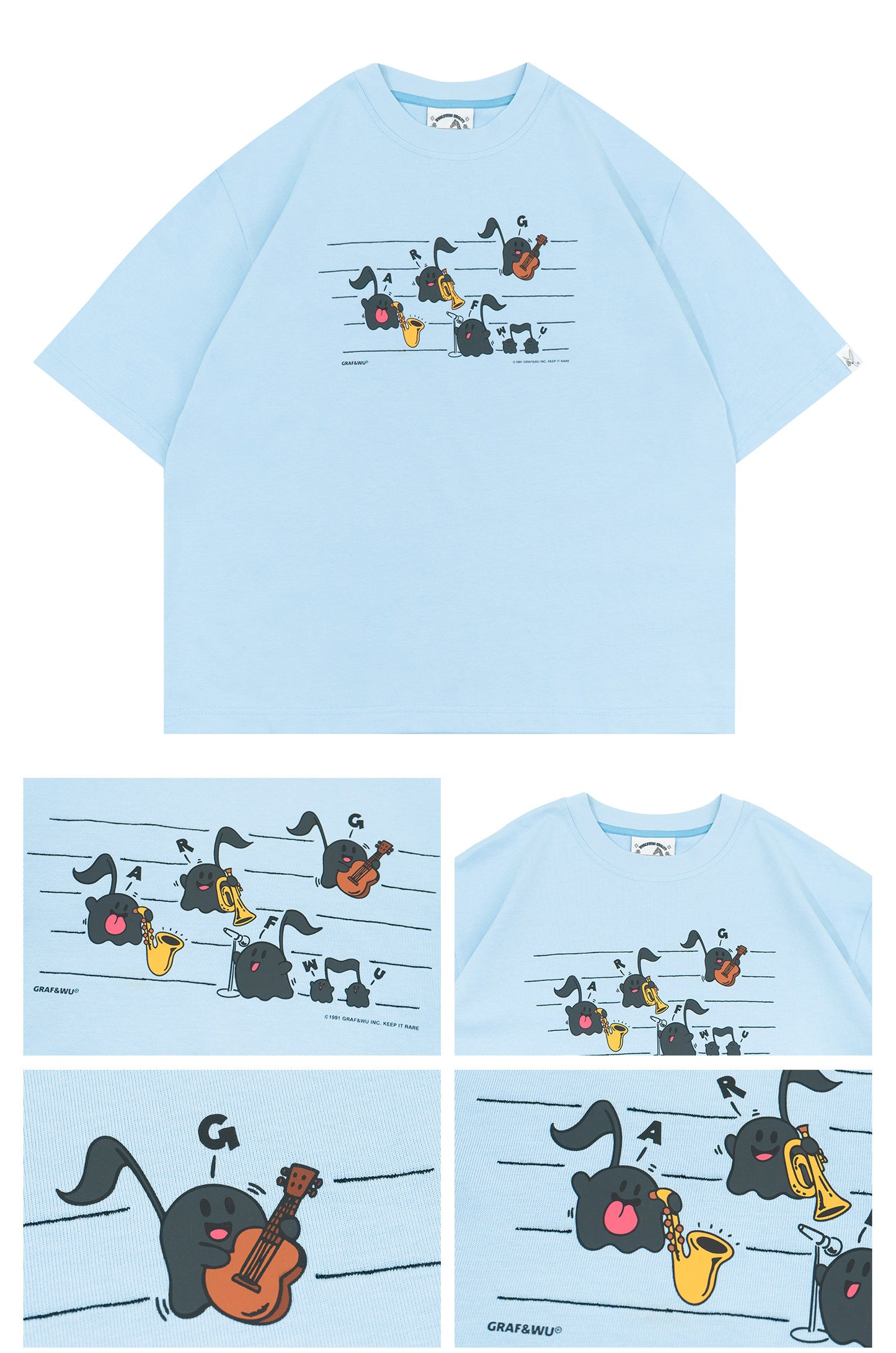 GRAF&WU Musical Note Cute Ghost Jazz Band Printed Cotton T-shirt