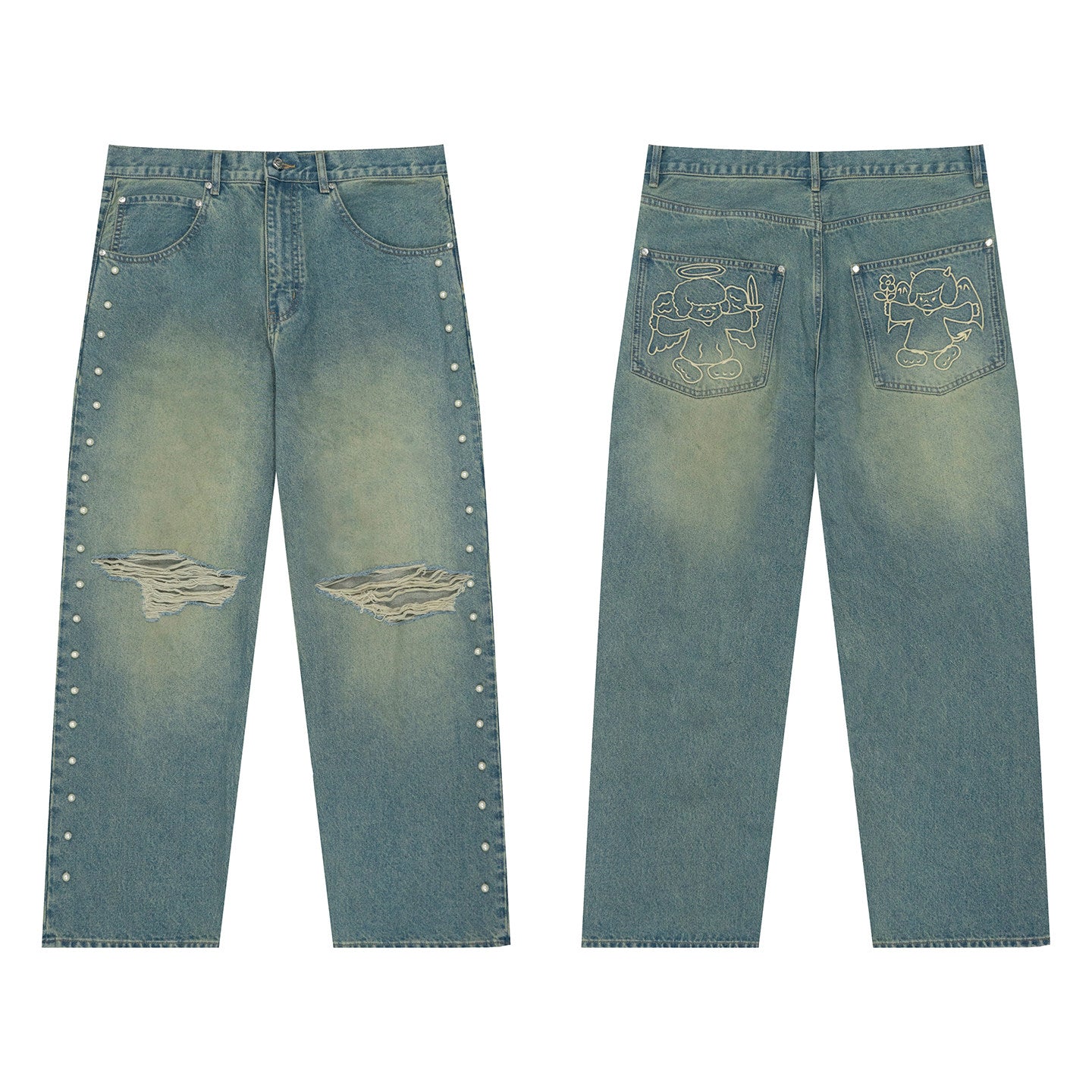 GRAF&WU Grunge Aesthetic Pearl Design Angel Devil Graphic Ripped Jeans