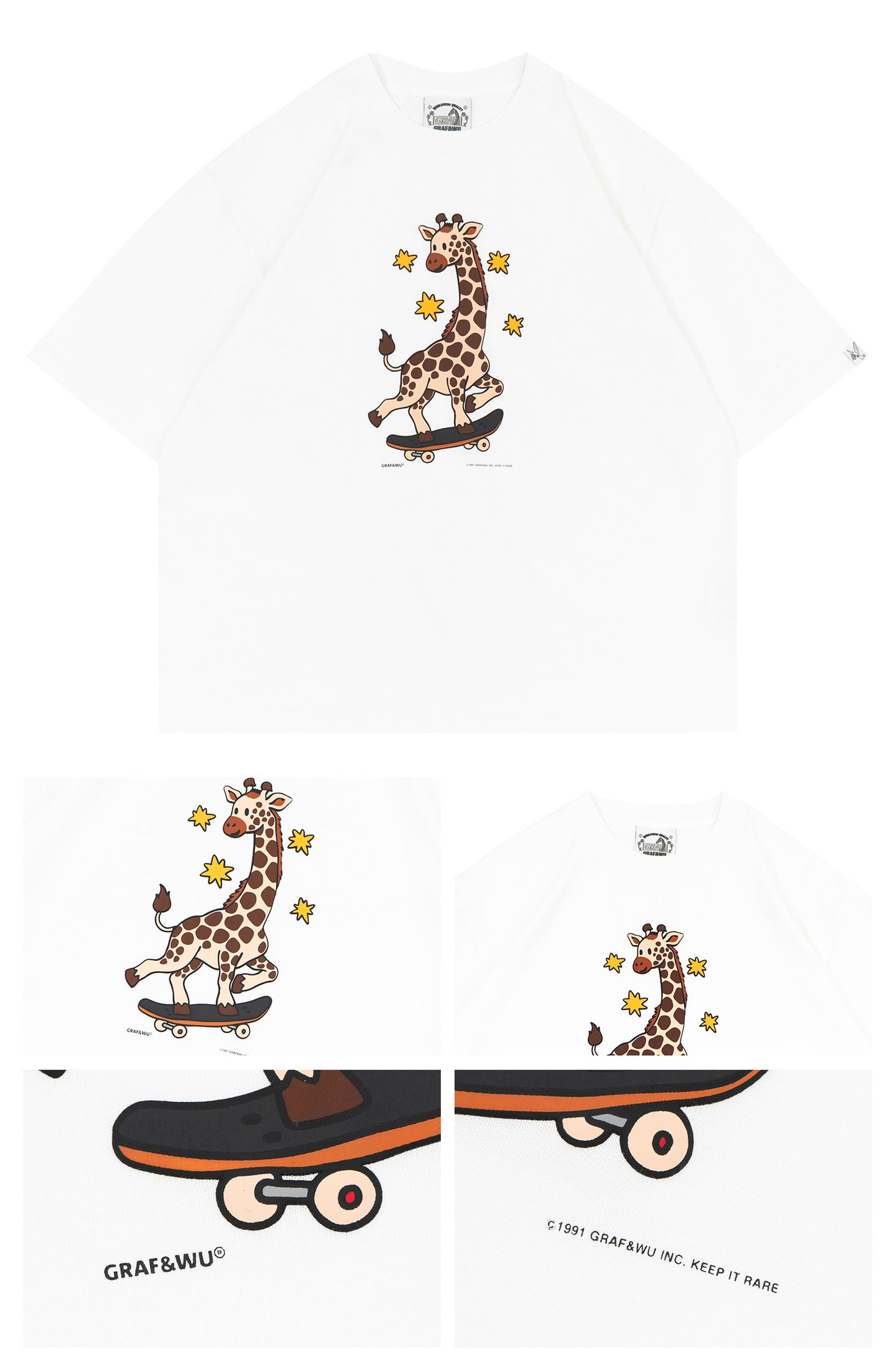 GRAF&WU Street Skateboard Cartoon Star Giraffe Art Boxy Fit T-shirt