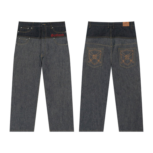 GRAF&WU Vintage Baseball Style Fashion Double-waist Jeans