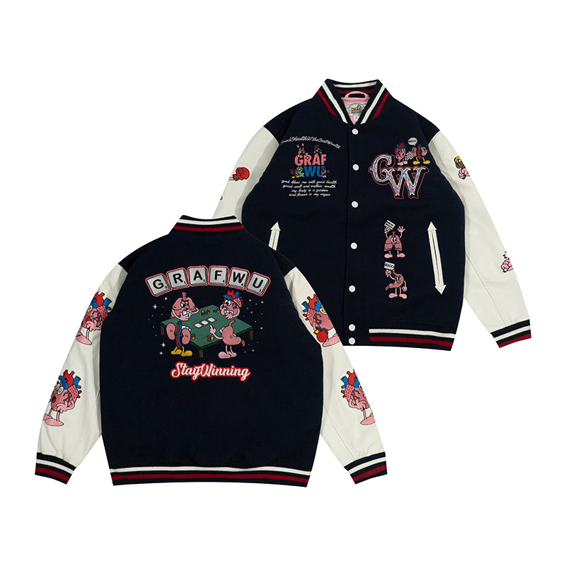 GRAF&WU Viscera Party Embroidery Leather Sleeved Woolen Retro Baseball Jacket