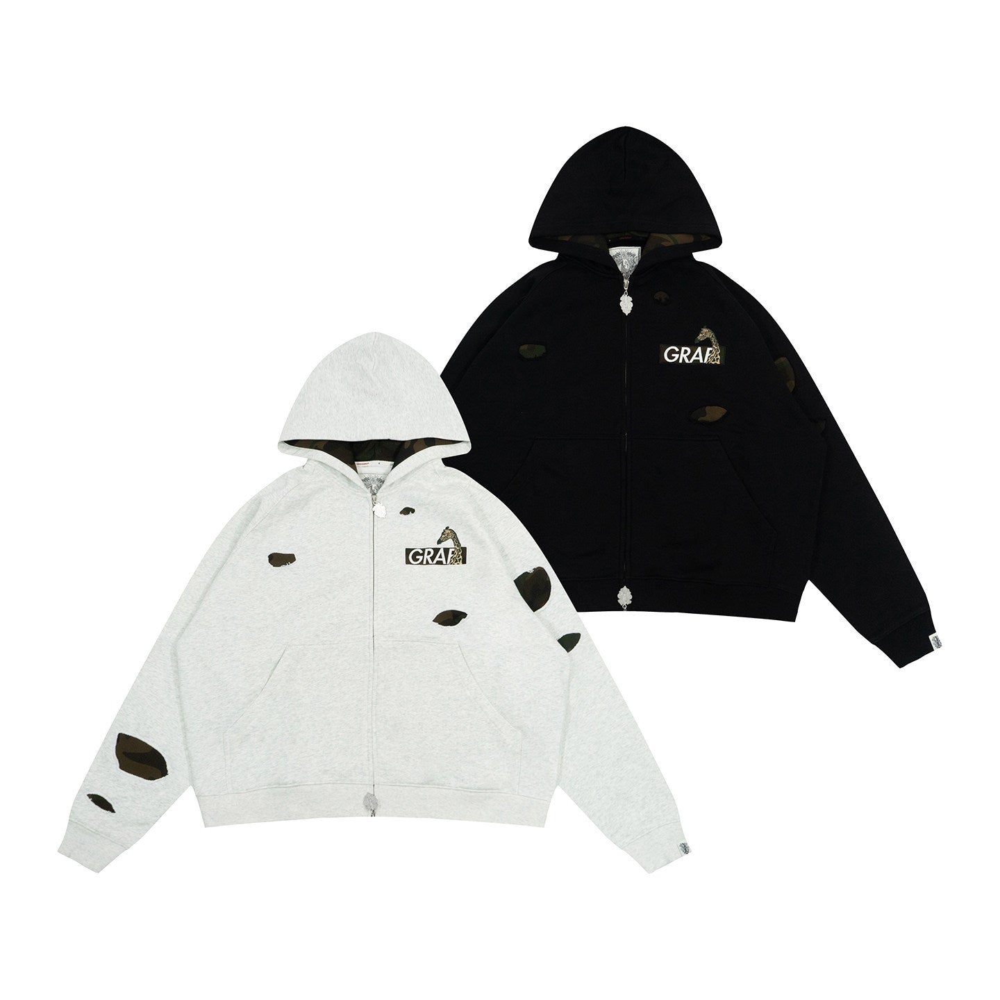 GRAF&WU Camouflage Giraffe Ripped Streetwear Zip-up Hoodie