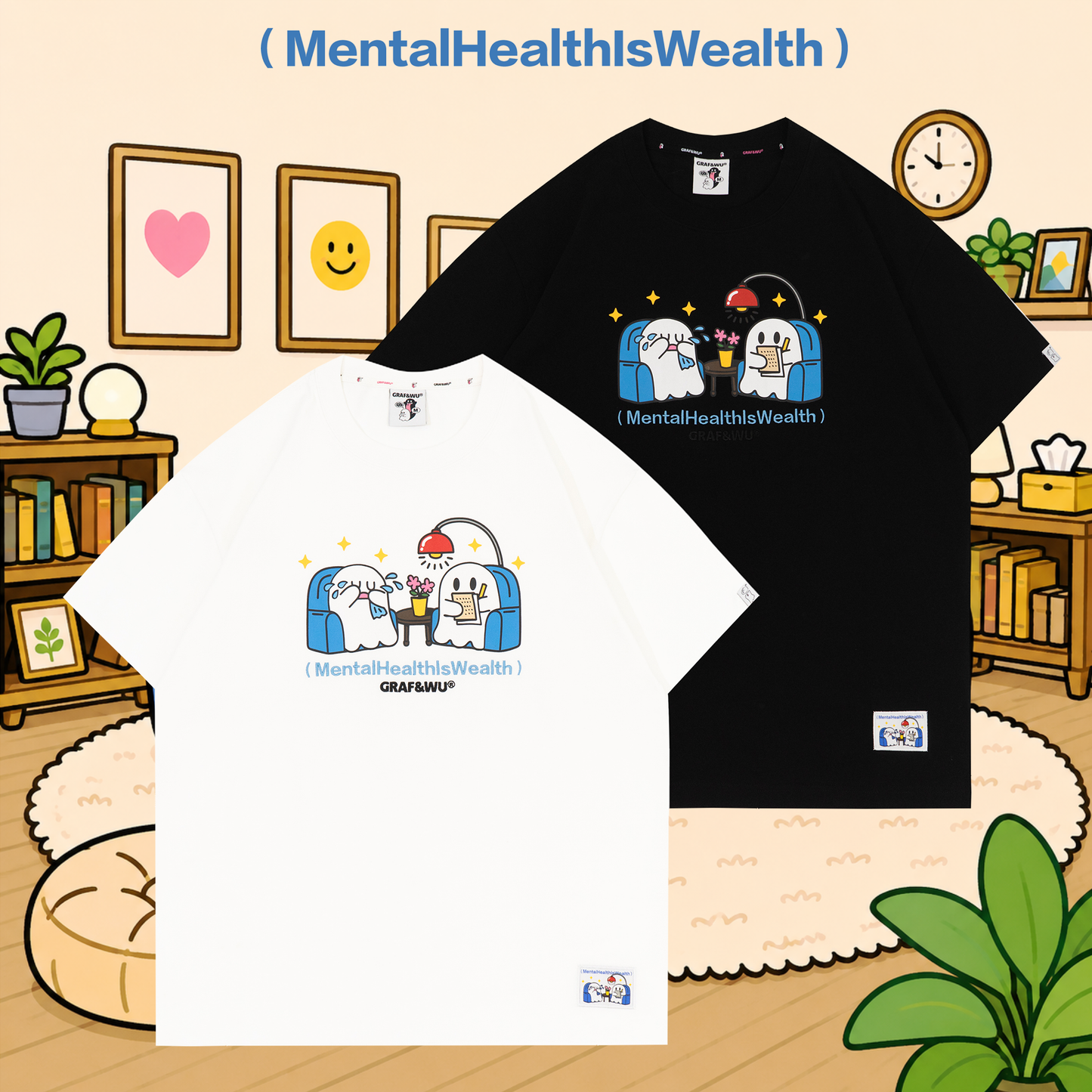 GRAF&WU Hug Feelings Psychological Counseling Cute Ghost T-shirt