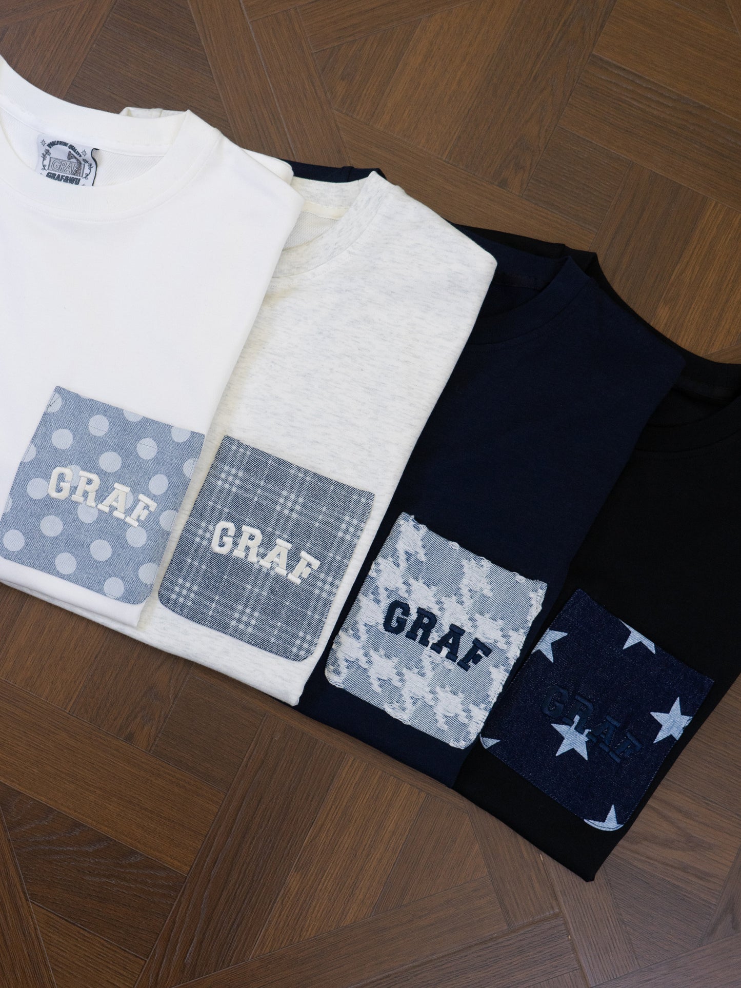GRAF&WU Washed Houndstooth Star Pattern Denim Pocket Cotton T-shirt