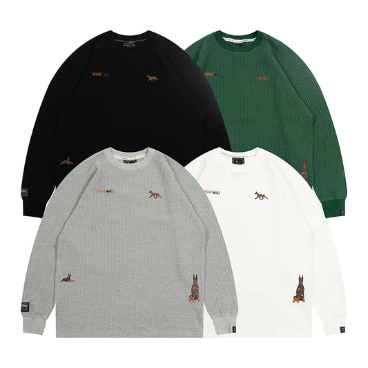 GRAF&WU Running Doberman Embroidery Waffle Cotton Long Sleeve Shirt