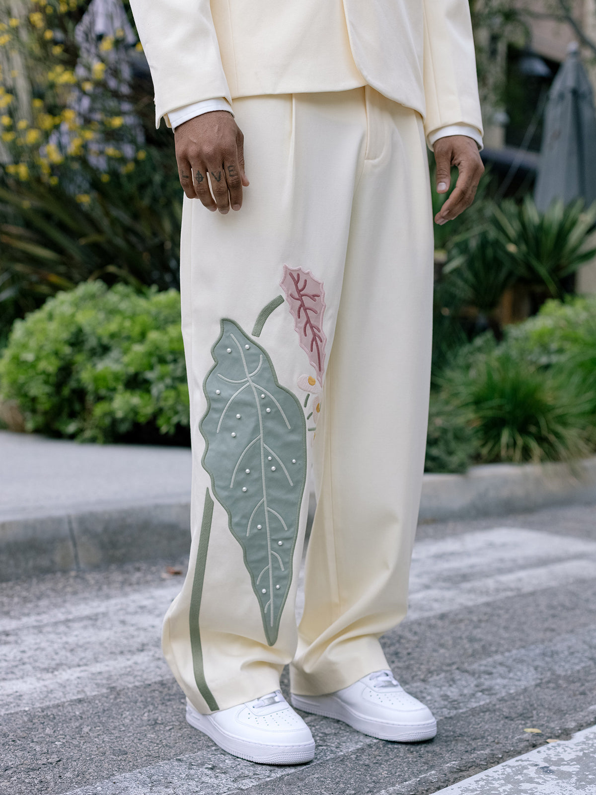 GRAF&WU Aesthetic Green Plant Embroidered Pearl Baggy Trousers