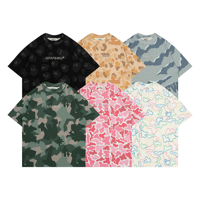 GRAF&WU Rhinestone Letter Design Streetwear Camouflage T-shirt