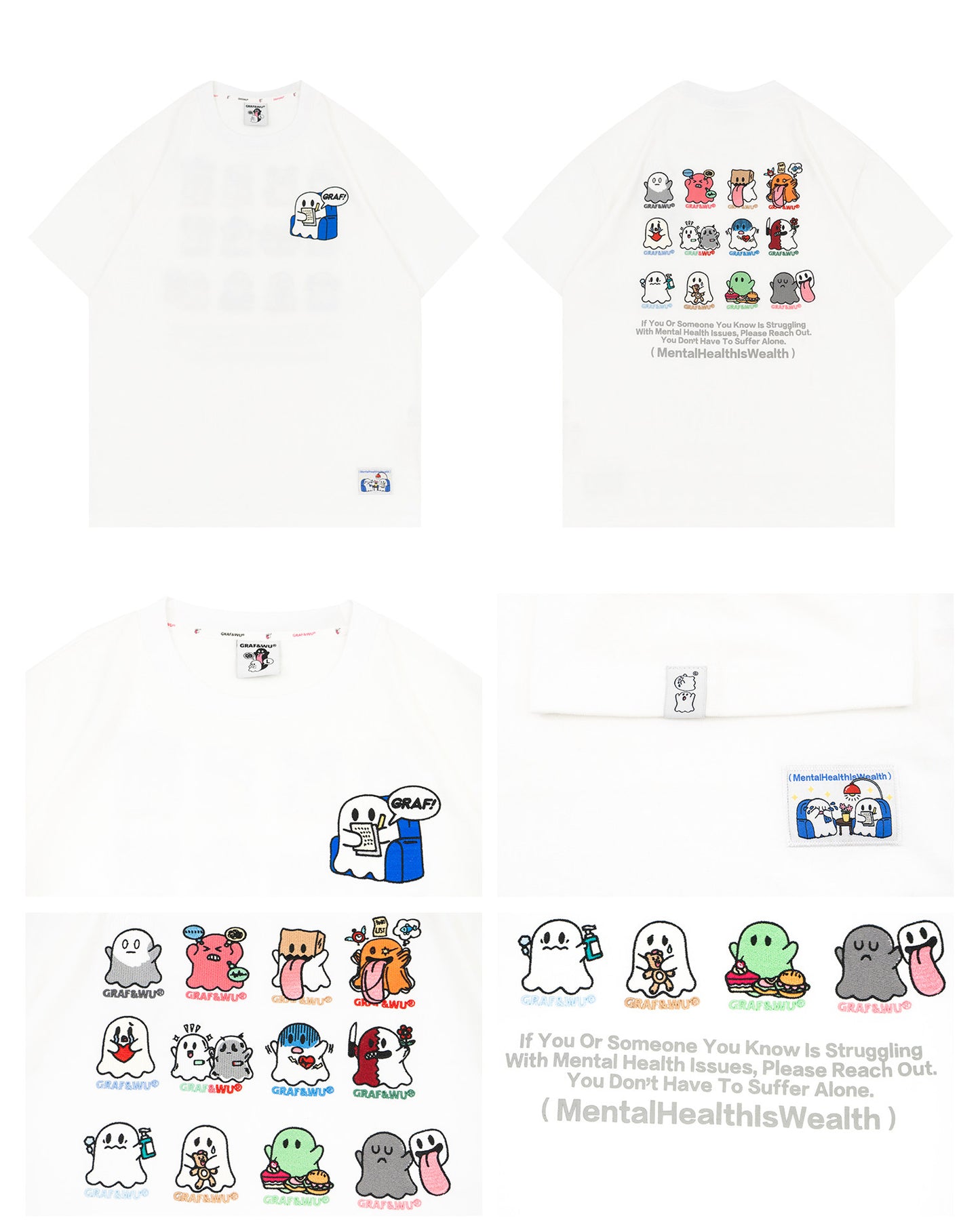 GRAF&WU 12 Mental Healing Cute Ghost Characters T-shirts