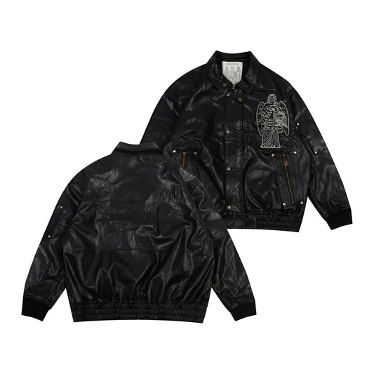 GRAF&WU World Is Yours Victory Goddess Motorcycle Retro Leather Jacket