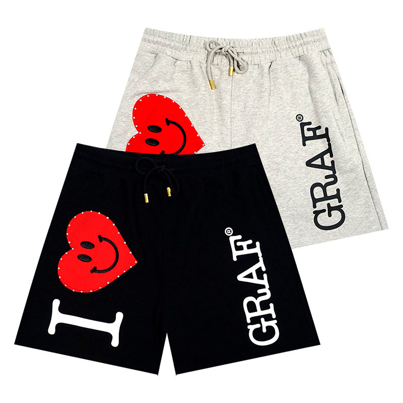 GRAF&WU ILOVEGRAF Smiley Heart Rhinestone Cotton Thick Casual Shorts