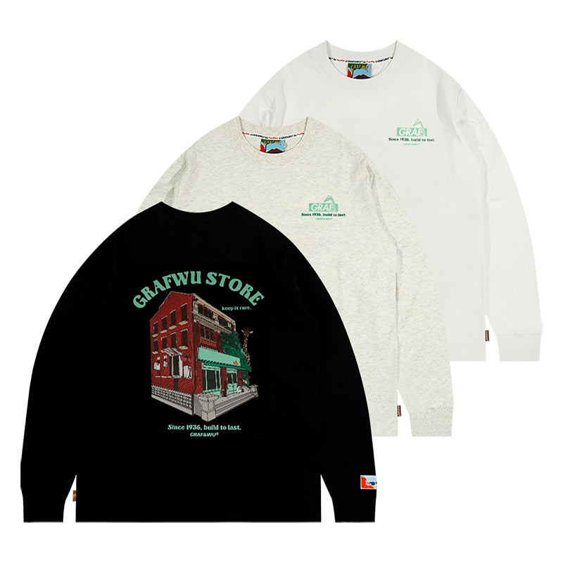 GRAF&WU Classic Old House Giraffe Shop Pattern Long-Sleeve Shirt