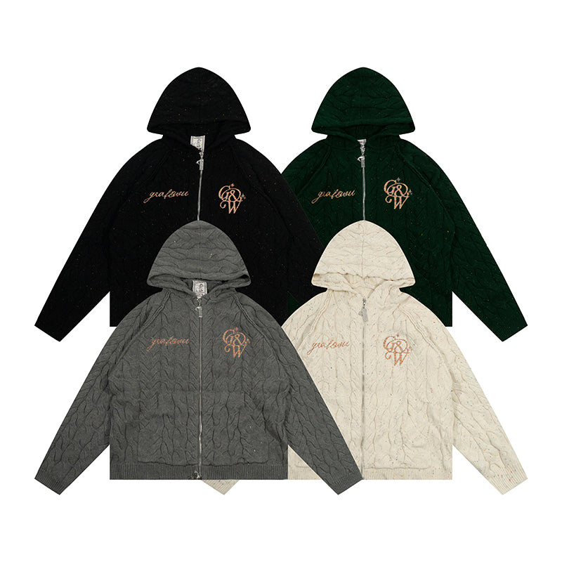 GRAF&WU Embroidered Twist Yarn Colorful Speckled Blended Zip Knit Coat