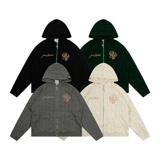 GRAF&WU Embroidered Twist Yarn Colorful Speckled Blended Zip Knit Coat