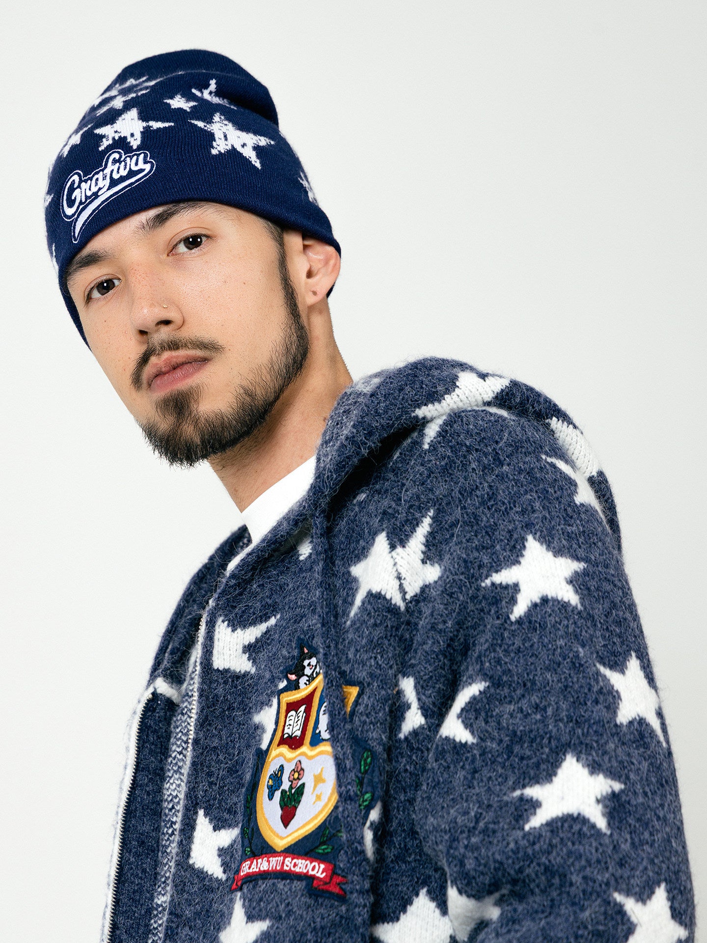GRAF&WU Badge Star Graphic Mohair Cardigan Zipper Sweater