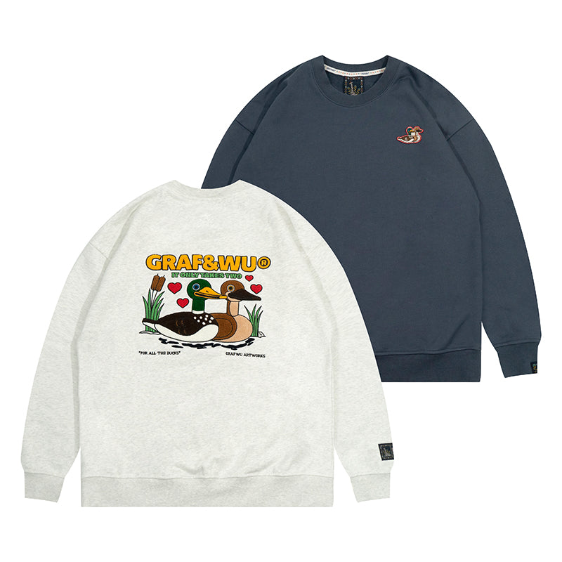GRAF&WU Ducks Eembroidery Couple Fleece  Crewneck Sweatshirt