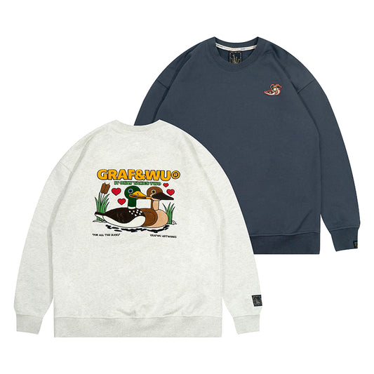 GRAF&WU Ducks Eembroidery Couple Fleece  Crewneck Sweatshirt