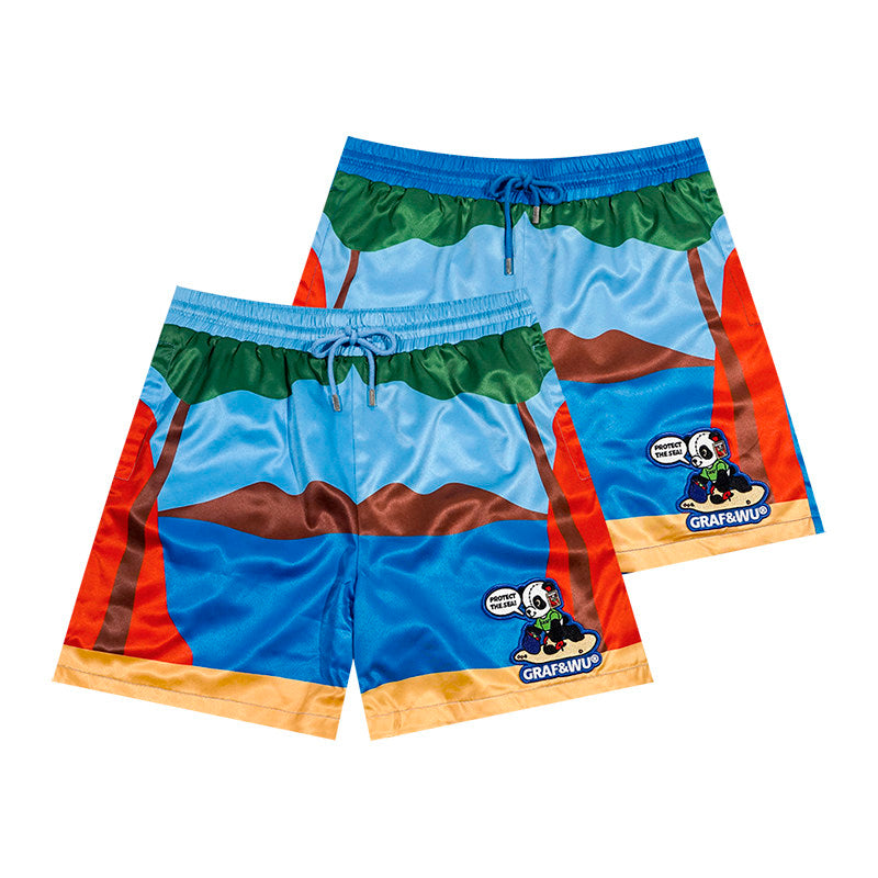 GRAF&WU Sunny Beach Panda Embroidery Graphic Quick-Drying Loose Shorts