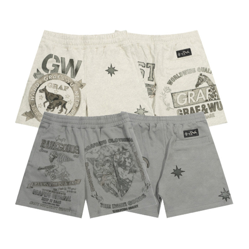 GRAF&WU Vintage Floral Giraffe Goddess Blessing Print Athletic Shorts