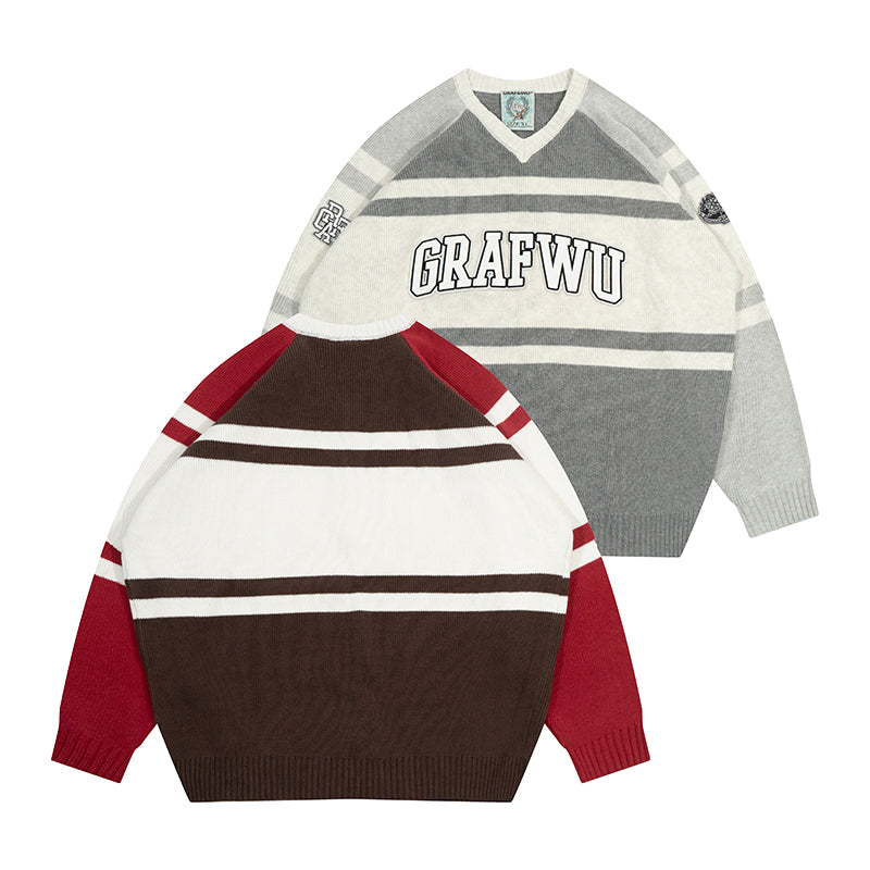 GRAF&WU Christmas V-Neck Knitted Pullover Sweater - Festive Holiday Streetwear