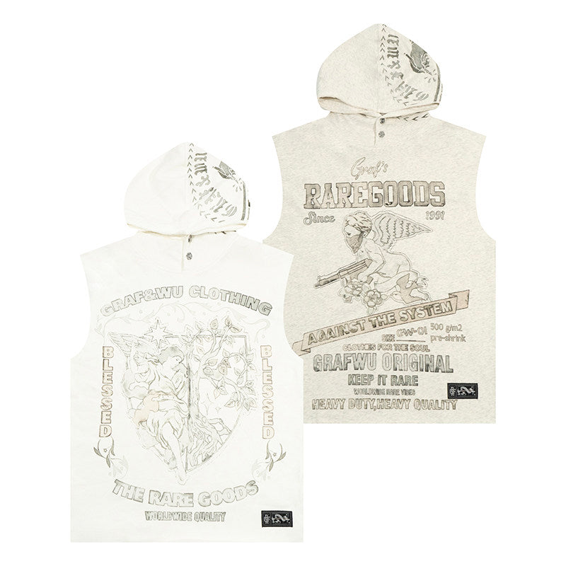 GRAF&WU Vintage Angel Graphic Sleeveless Hoodie | Streetwear Vest