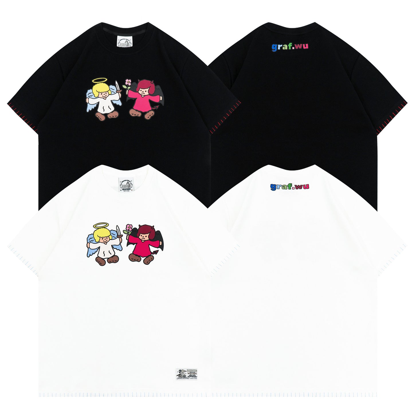 GRAF&WU Cartoon Retro Angel Devil Streetwear Loose T-shirt